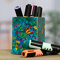 Decoupage pencil holder, 'Paradise Butterflies' - Pine Wood Pencil Holder with Decoupage Butterflies