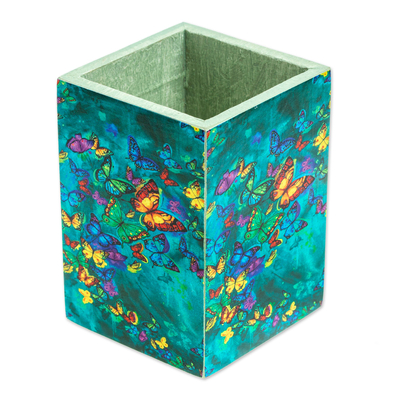 Decoupage pencil holder, 'Paradise Butterflies' - Pine Wood Pencil Holder with Decoupage Butterflies