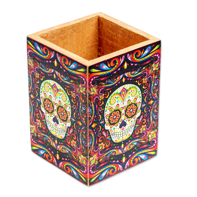 Decoupage pencil holder, 'Convenient Skull' - Pine Wood Pencil Holder with Day of the Dead Decoupage