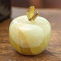 Onyx sculpture, 'Eris Apple' - Onyx and Brass Apple Sculpture from Mexico