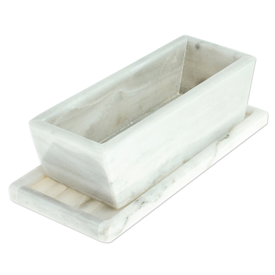 Marble butter dish, 'Pale Softness' - Pale Grey Marble Butter Dish Crafted in Mexico