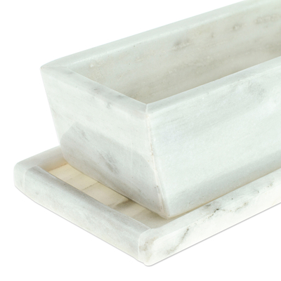 Marble butter dish, 'Pale Softness' - Pale Grey Marble Butter Dish Crafted in Mexico