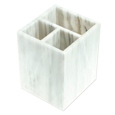 Marble silverware server, 'Organized Elegance' - Pale Grey Marble Silverware Server Crafted in Mexico