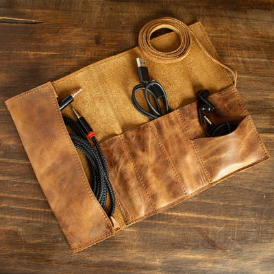 Leather travel cord organizer, 'Saddle Tech' - Hand Crafted Genuine Brown Leather Pen and Cable Organizer