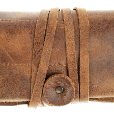 Leather travel cord organiser, 'Saddle Tech' - Hand Crafted Genuine Brown Leather Pen and Cable organiser