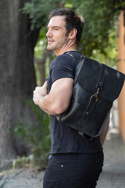 Leather backpack, 'Durable Midnight' - Handmade Genuine Black Leather Backpack from Mexico