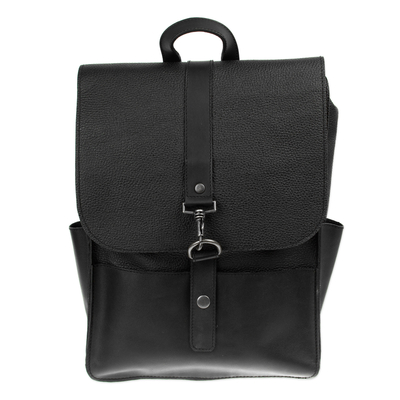 Leather backpack, 'Durable Midnight' - Handmade Genuine Black Leather Backpack from Mexico
