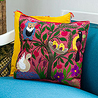 Embroidered cotton cushion cover, 'Jungle Wings' - Handmade Tropical Floral Embroidered Cotton Cushion Cover