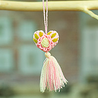 Wool felt and cotton ornament, 'Little Pink Heart' - Pink Wool Felt Ornament with Cotton Embroidery