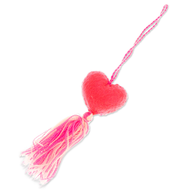 Wool felt and cotton ornament, 'Little Fuchsia Heart' - Fuchsia Wool Felt Ornament with Cotton Embroidery