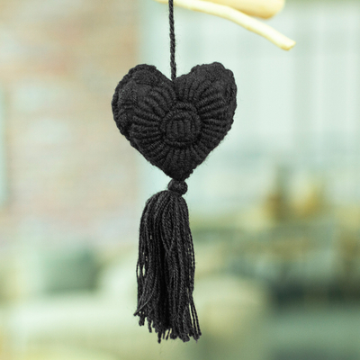 Wool felt and cotton ornament, 'Little Coal Heart' - Coal Wool Felt Ornament with Cotton Embroidery