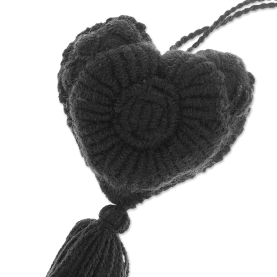 Wool felt and cotton ornament, 'Little Coal Heart' - Coal Wool Felt Ornament with Cotton Embroidery