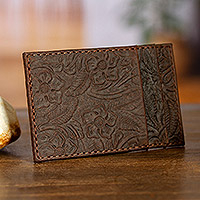 Leather card wallet, 'Floral Pass' - Floral Leather Card Wallet Handcrafted in Mexico