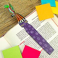 Wood bookmark, 'Reading Quetzal' - Handmade Multicolor Copal Wood Bookmark with Mexican Quetzal