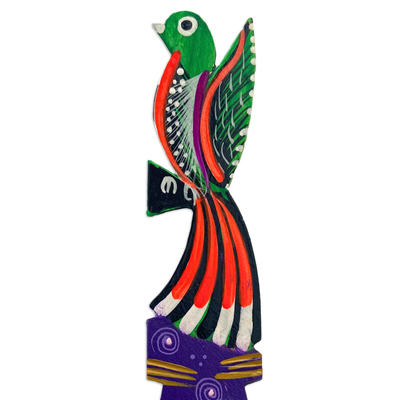 Wood bookmark, 'Reading Quetzal' - Handmade Multicolour Copal Wood Bookmark with Mexican Quetzal