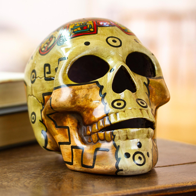 Ceramic skull, 'Aztec God of The Sun' - Aztec Sun God Ceramic Skull Sculpture Handmade in Mexico
