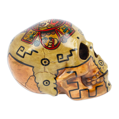 Cráneo de cerámica, 'Dios Azteca del Sol' - Escultura de calavera de cerámica Aztec Sun God hecha a mano en México