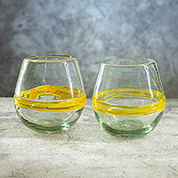 Handblown drinking glasses, 'Round Ribbon of Sunshine' (pair) - Pair of Handblown Recycled Glasses with Yellow Accents