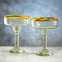 Recycled blown glass margarita glasses, 'Multicolored Confetti' (pair) - 2 Hand Blown Margarita Glasses Crafted from Recycled Glass