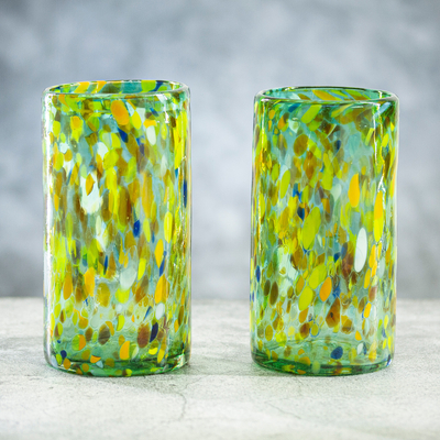 Handblown highball glasses, 'Multicolor Green Party' (pair) - Pair of Multicolor Handblown Recycled Highball Glasses