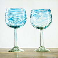 Handblown wine glasses, 'Aquamarine Lines' (pair) - Aquamarine Handblown Recycled Wine Glasses (Pair)