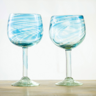 Handblown wine glasses, Aquamarine Lines (pair)