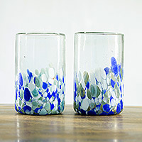 Recycled blown glass tumblers, 'Ocean' (pair) - Pair of Blue and White Hand Blown Recycled Glass Tumblers
