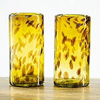 Recycled blown glass highball glasses, 'Tortoiseshell Charm' (pair) - 2 Hand Blown Highball Glasses Crafted from Recycled Glass
