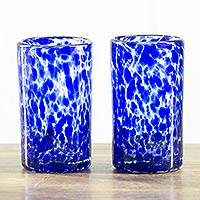 Recycled blown juice glasses, 'Vibrant Cobalt' (pair) - 2 Hand-blown Blue Juice Glasses Crafted with Recycled Glass
