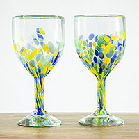 Handblown wine glasses, 'Blue Dots' (pair) - Handblown Recycled Wine Glasses with Blue Dots (Pair)