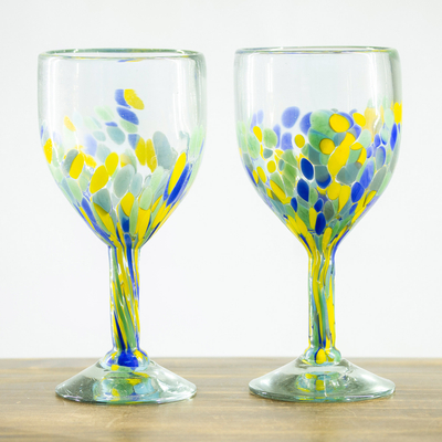 Handblown wine glasses, Blue Dots (pair)
