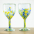 Handblown wine glasses, 'Blue Dots' (pair) - Handblown Recycled Wine Glasses with Blue Dots (Pair) thumbail