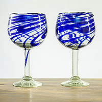 Handblown wine glasses, 'Vibrant Blue Lines' (pair) - Handblown Recycled Wine Glasses with Blue Tones (Pair)