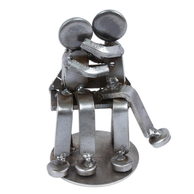 Recycled auto parts figurine, 'Affectionate Lovers' - Recycled Auto Parts Lovers Figurine Handmade in Mexico