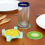 Decoupage coasters, 'Fruits' (set of 6) - Set of 6 Fruit Themed Wood Decoupage Coasters with Stand