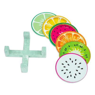 Decoupage coasters, 'Fruits' (set of 6) - Set of 6 Fruit Themed Wood Decoupage Coasters with Stand