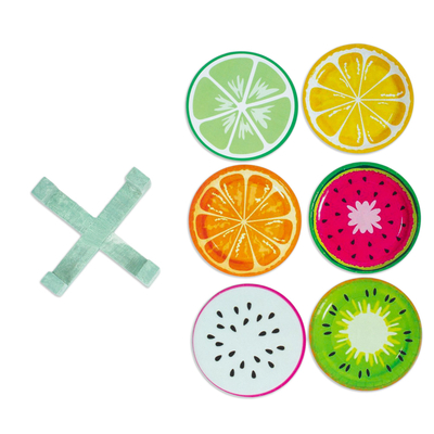 Decoupage coasters, 'Fruits' (set of 6) - Set of 6 Fruit Themed Wood Decoupage Coasters with Stand