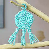 Crocheted charm, 'Aquamarine Medallion' - Aquamarine Crocheted Charm with Tassels Made in Mexico