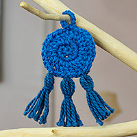 Crocheted charm, 'Azure Medallion' - Azure Crocheted Charm with Tassels Made in Mexico