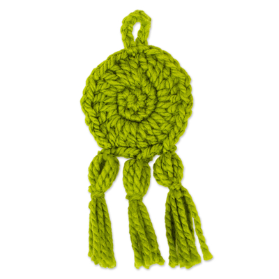 Crocheted charm, 'Lime Medallion' - Lime Crocheted Charm with Tassels Made in Mexico