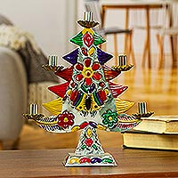 Tin candelabra, 'Tender Christmas' - Embossed Tin Christmas Tree Candelabra in Colorful Palette