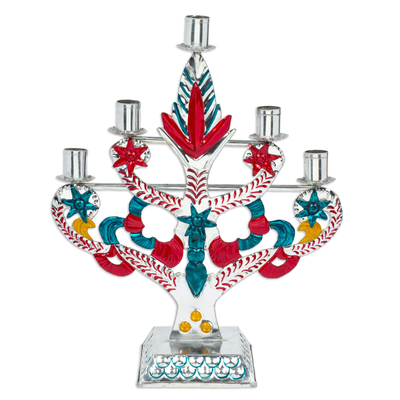 Embossed Tin Christmas Candelabra in Colorful Palette