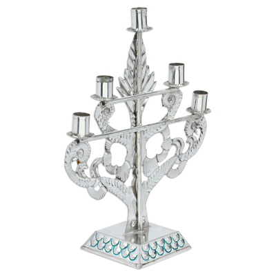 Tin candelabra, 'Prosperity Tree' - Embossed Tin Christmas Candelabra in Colorful Palette