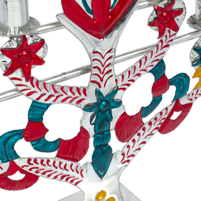 Tin candelabra, 'Prosperity Tree' - Embossed Tin Christmas Candelabra in Colorful Palette