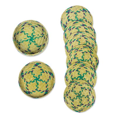 Posavasos de fibra natural, (juego de 6) - Juego de 6 posavasos de fibra natural azul y verde de México