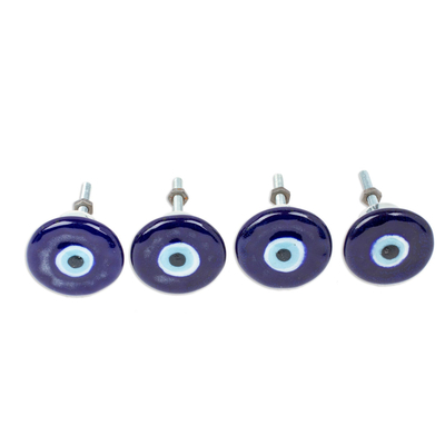 Ceramic knobs, 'Deep Glances' (set of 4) - Set of 4 Handcrafted Ceramic Blue Knobs from Mexico