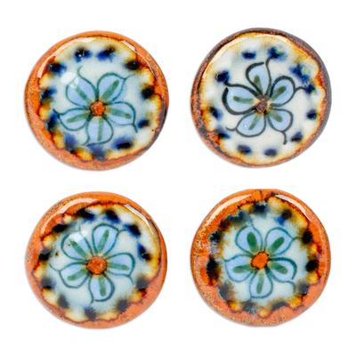 Tiradores de cerámica, (juego de 4) - Juego de 4 pomos de flores de cerámica hechos a mano en México.