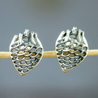 Sterling silver button earrings, 'Agave Heart' - Sterling Silver Agave Heart Button Earrings