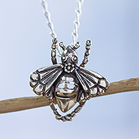 Sterling silver pendant necklace, 'Openwork Bee' - Sterling Silver Bee Fashion Pendant Necklace from Mexico