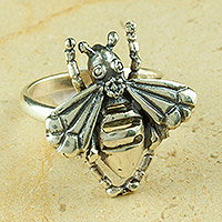 Sterling silver wrap ring, 'Openwork Bee' - Sterling Silver Bee Wrap Ring Crafted in Mexico